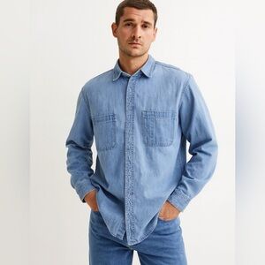 Timberland Rugged Fit Denim Button Down Mens Shirt Size M Blue Long Sleeves